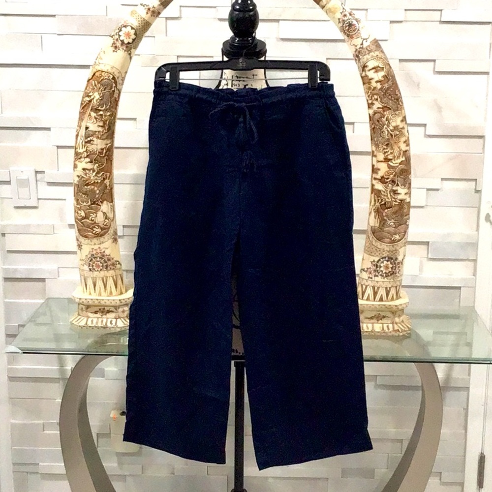 RALPH LAUREN Linen Elastic Drawstring Capri Pants Relaxed Fit Wide Leg Navy Blue